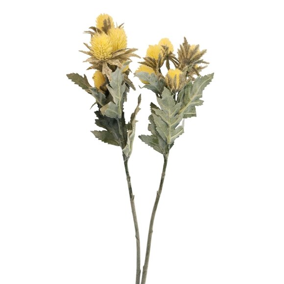 Artificial Yellow Thistle Floral Stems Bundle 2 Stems Lifelike Green Leaves 16 I - Picture 2 of 9